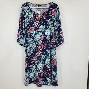 NWT Ellen Weaver Women's Floral V-Neck Bell Sleeve Dress Navy Pink 2X Career